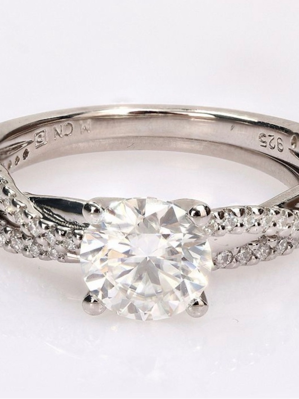 Sterling Silver White CZ Solitaire Ring with Pave Band